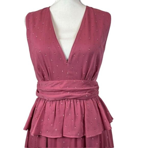 LDT Peplum Waist Gown Deep Rose Pink Chiffon with Metallic Bling Zip Back Size 4 - Picture 3 of 14